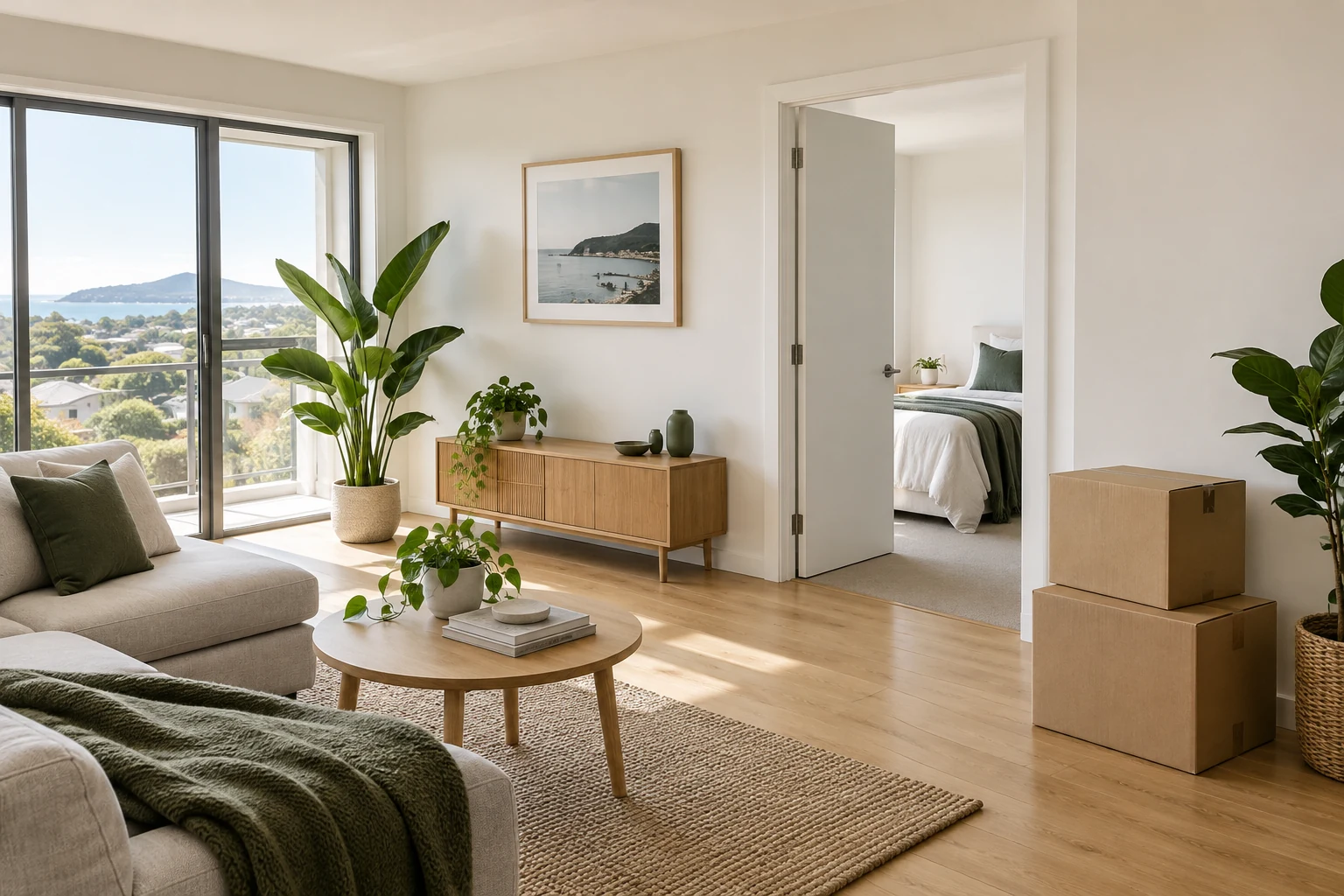 A furnished living space prepared for a move