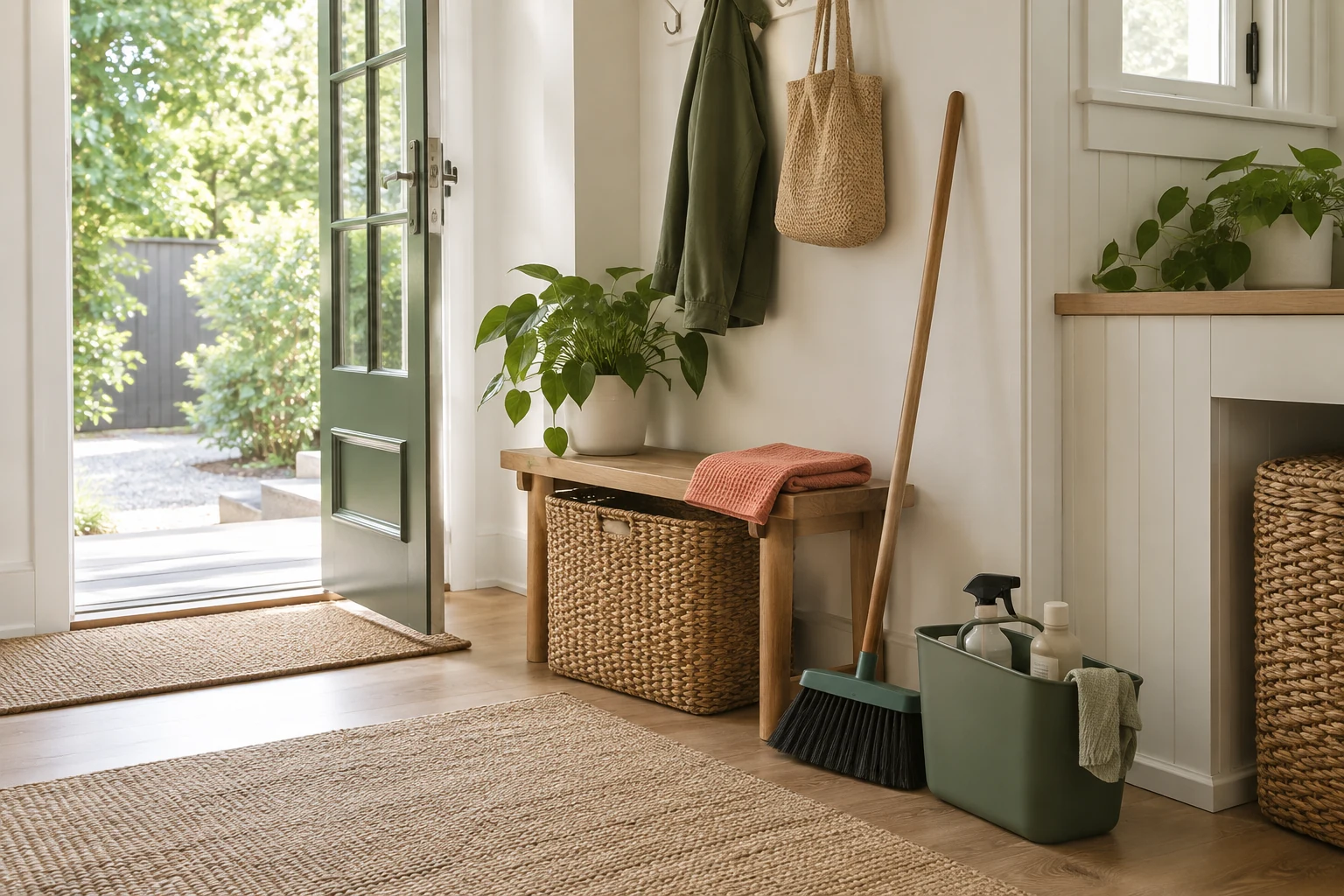 Cleaning tools beside a bench in a bright entryway